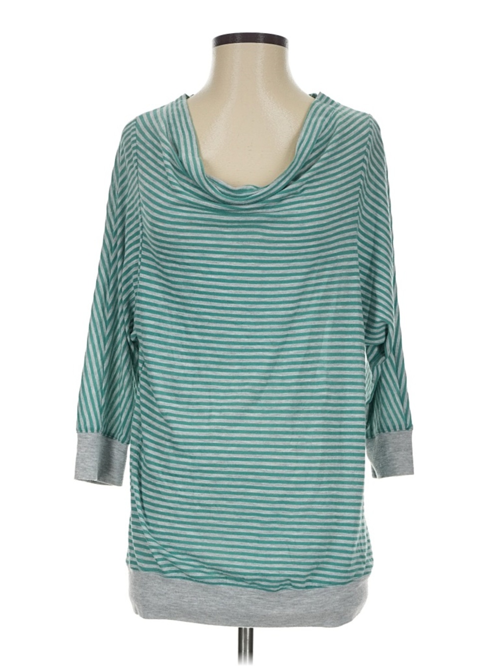 Athleta Green Striped 3/4 Sleeve Cowl Neck Top